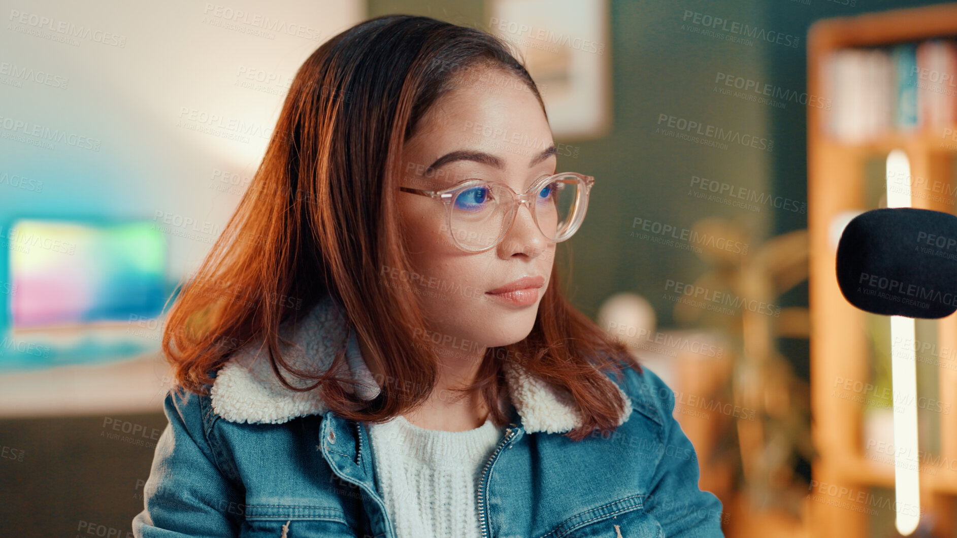 Buy stock photo Microphone, streamer and woman with broadcast for podcast, content creation or talk show. Live streaming, influencer and girl recording for social media, radio host and online entertainment at home