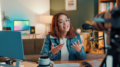 Buy stock photo Influencer, talking and woman live streaming in home for broadcast, entertainment and internet vlog. Content creator, social media and person recording video, podcast and gaming review to audience