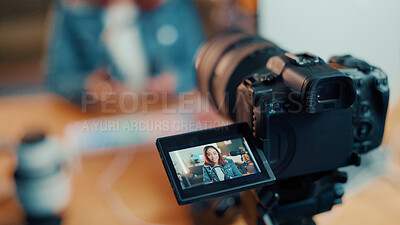 Buy stock photo Woman, influencer and video camera with screen for recording, online streaming or live tutorial. Female person, videographer or designer with headphones for audio podcast, review or content creation