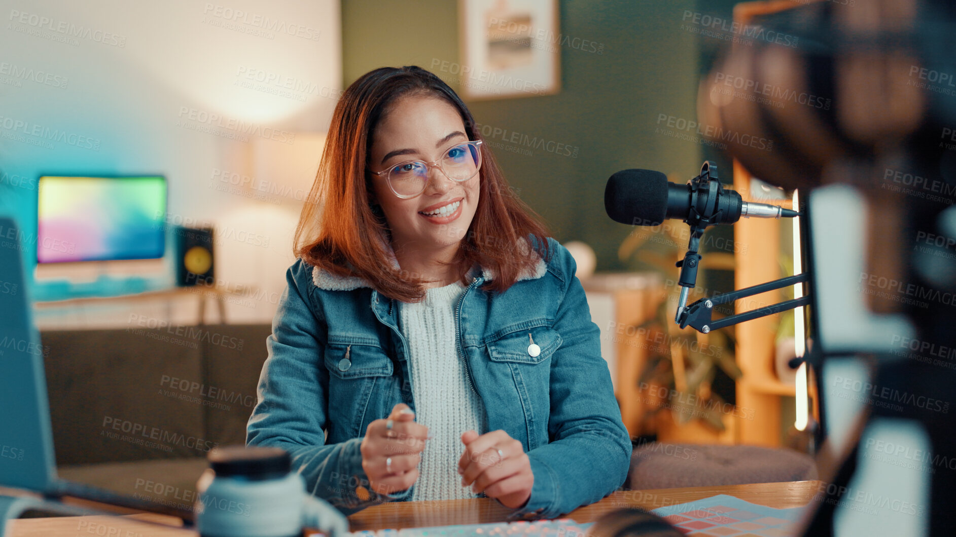 Buy stock photo Influencer, happy and woman live streaming talking for broadcast, entertainment and vlog. Content creator, social media and person for recording video, podcast and chatting to audience in home