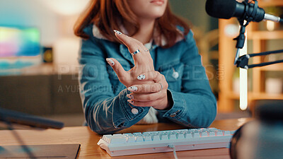 Buy stock photo Woman, influencer and hands with wrist pain for carpal tunnel syndrome or overworked muscle at home. Female person, designer or podcaster with sore arm for strain, pressure or joint inflammation