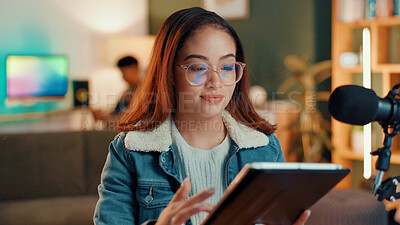 Buy stock photo Woman, podcast and tablet in home with mic, smile and typing with script editing for video production. Gen z influencer, happy and app for chat, contact and subscription list on social media at house