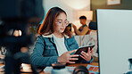 Woman, influencer and research with tablet at office for news, inspiration or design. Female person, designer or employee with technology for software, app review or content creation at audio studio