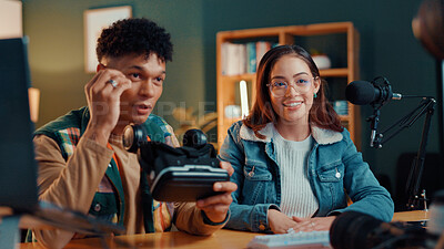 Buy stock photo People, team and podcast with vr goggles for gaming review, online streaming or tips at office. Happy, employees or influencers with smile or technology for live recording, tutorial or gamer guide