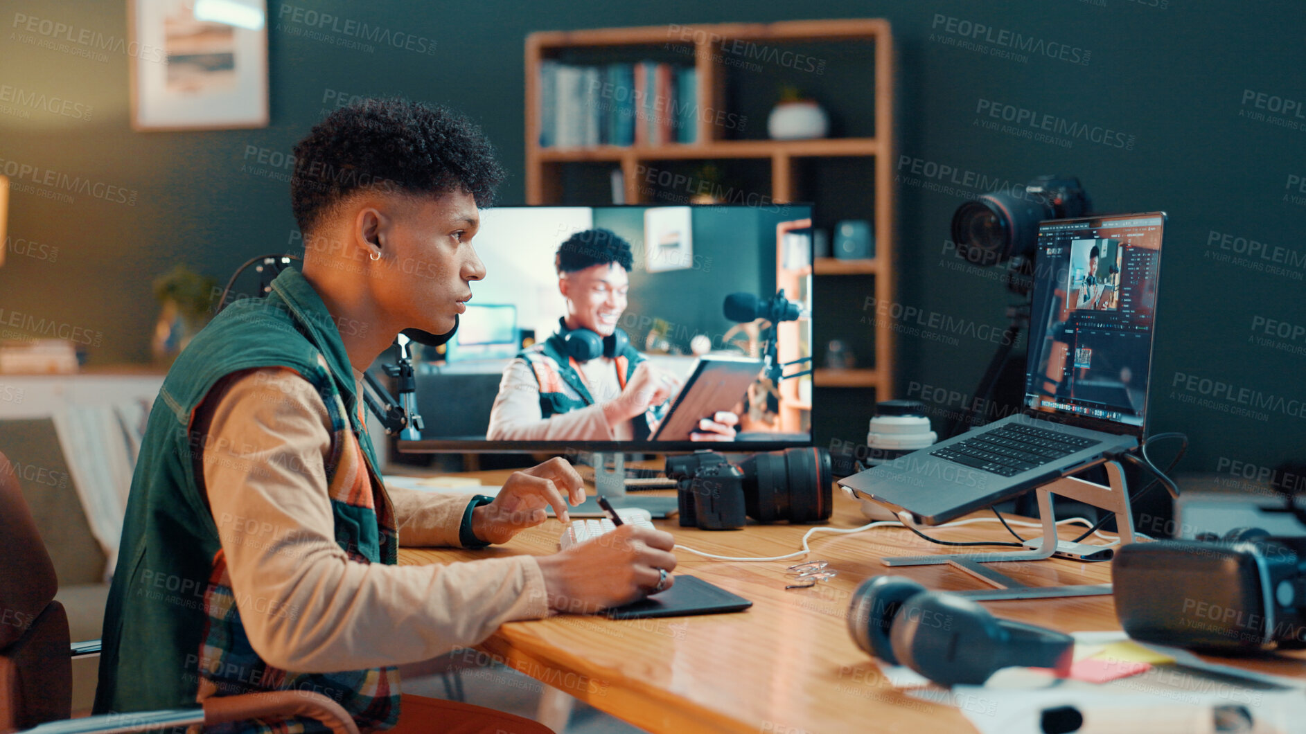 Buy stock photo Content creator, computer screen and man editing video on graphic tablet to broadcast tutorial. Influencer, camera and laptop for live streaming, recording guide and post production software in home