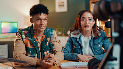 Buy stock photo Man, woman and live streaming in home with mic, camera and discussion with vlog for online audience. Influencer couple, recording equipment and talk show on web, podcast or social media at apartment