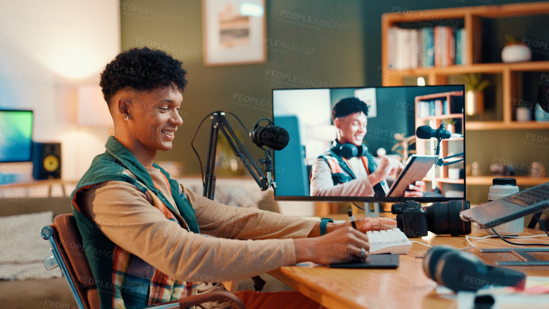 Buy stock photo Man, graphics tablet and video editing by screen with smile, production and content creation in home. Person, influencer and drawing with creativity, review and happy with digital tools for web show