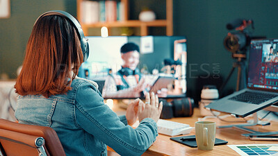 Buy stock photo Content creator, headphones and woman editing video on computer screen to broadcast tutorial. Influencer, camera and laptop for live streaming, record guide and production quality with back in home