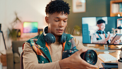 Buy stock photo Content creator, live streaming and man with camera for review, feedback and tech vlog in home. Influencer, social media and person talking for recording video, podcast and opinion to audience