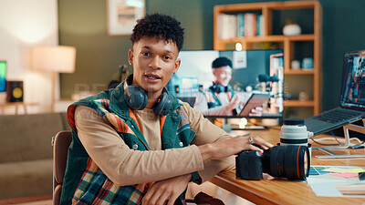 Buy stock photo Influencer, live streaming and portrait of man with camera for tech review, feedback and vlog. Content creator, social media and person talking for recording video, podcast and opinion to audience