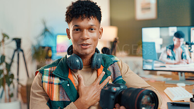 Buy stock photo Influencer, content creator and portrait of man with camera for tech review, feedback or vlog. Live streaming, social media and person talking for recording video, podcast and opinion to audience