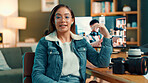 Influencer, talking and portrait of woman live streaming for broadcast, entertainment and vlog. Content creator, social media and person for recording video, podcast and chatting to audience in home