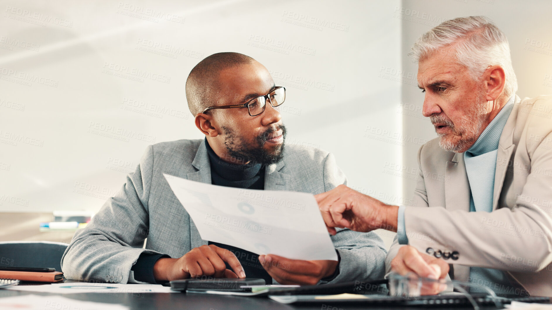 Buy stock photo Mentor, meeting or business people with paperwork for planning for teamwork, contract or budget. Manager, coaching or financial advisors talking for accounting project, documents or risk management