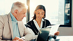 Mentor, contract or business people with laptop for meeting for teamwork, loan advice or budget. Manager, mature or financial advisors in office for accounting project, documents and risk management