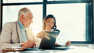 Buy stock photo Charts, review or business people with documents for meeting for finance, feedback or budget. Mature manager, paperwork or financial advisors in office for accounting graphs, teamwork or performance