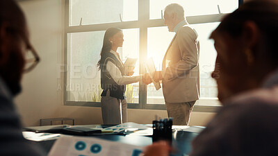 Buy stock photo Business people, boss or shaking hands in company for financial achievement, target or profit growth. Investor, office or handshake in meeting for success, deal or well done for investment agreement