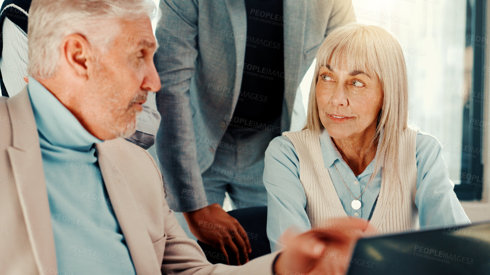 Buy stock photo CEO, project and business people on laptop for planning, collaboration and investment news. Manager, discussion and mature financial advisor in meeting for teamwork, accounting and risk management
