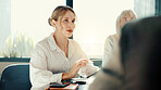 Woman, tablet and discussion at meeting, finance and report for revenue growth with team at office. Person, accounting and staff with insight for review, feedback and audit with planning at agency