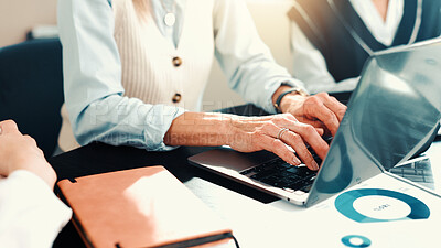 Buy stock photo Hands, laptop and typing at meeting, finance and report for revenue growth with charts at office. Person, accounting and staff with computer for review, feedback and audit with documents at agency