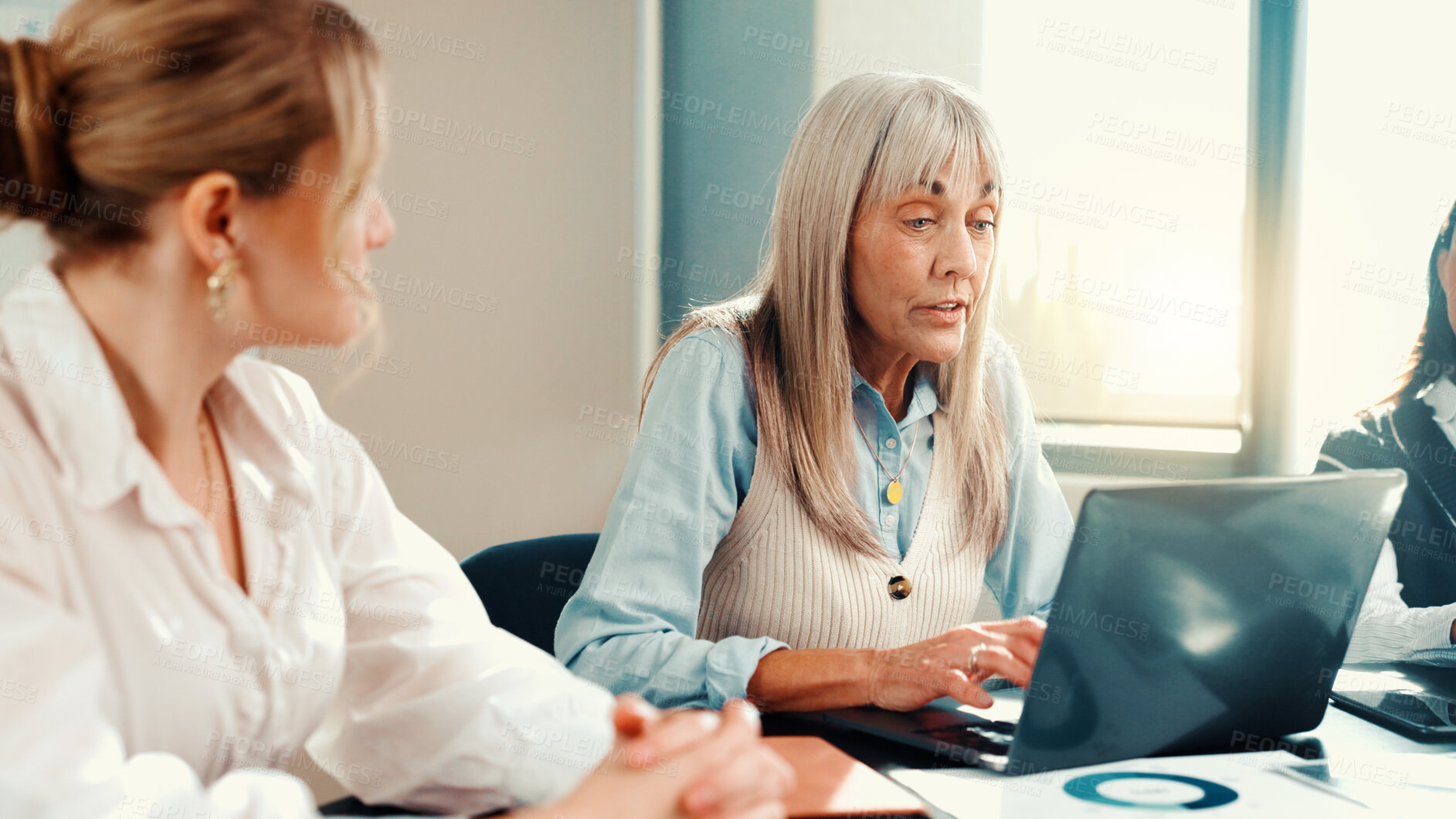 Buy stock photo Women, laptop and talking at meeting, finance and report for revenue growth with team at office. People, accounting and staff with insight for review, feedback and charts with planning at agency