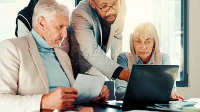 Buy stock photo Document, audit and business people on laptop for meeting, collaboration and investment news. Manager, group and financial advisors planning in office for teamwork, accounting and risk management