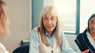 Buy stock photo Women, team and talking at meeting, finance and listen for problem solving with advice at office. People, accounting and discussion with insight for review, feedback and group with planning at agency