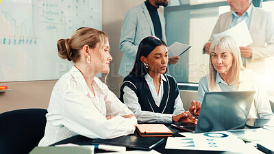 Buy stock photo Documents, review or business people on laptop with charts for teamwork, collaboration and investment. Investor, group or manager in meeting with paperwork for project, budget and risk management