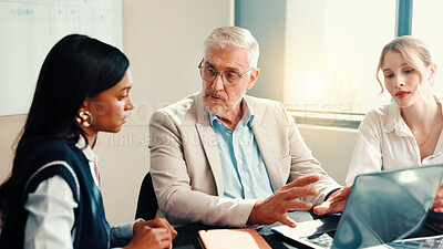 Buy stock photo Talking, mentor or business people on laptop with feedback for teamwork, collaboration and investment. Investor, mature or manager in office with technology for project, budget and risk management