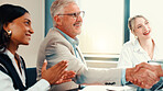 Business people, clap or CEO shaking hands in company for financial achievement, target or profit growth. Investor, office or handshake in meeting for success, deal or goal for investment agreement