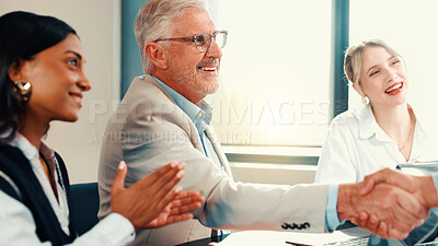 Buy stock photo Business people, clap or CEO shaking hands in company for financial achievement, target or profit growth. Investor, office or handshake in meeting for success, deal or goal for investment agreement