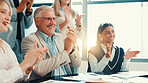 Success, happy people or applause for financial achievement, target or profit growth. Mature Investor, clapping or team support in meeting for celebration, deal or well done for investment agreement