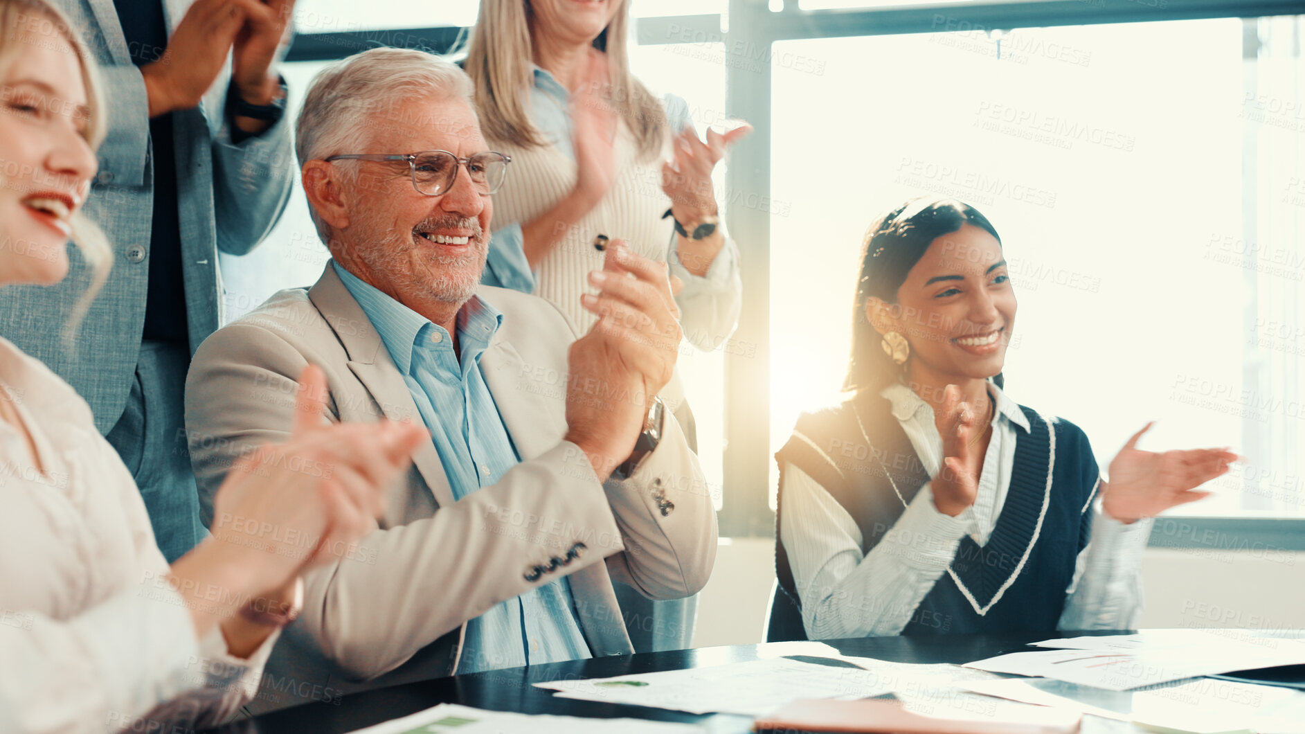 Buy stock photo Success, happy people or applause for financial achievement, target or profit growth. Business investors, clap or team support in meeting for celebration, deal or well done for investment agreement