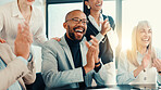 Happy, business people or clapping in company for financial achievement, target or profit growth. Investor, support or handshake in meeting for success, deal or well done for investment agreement