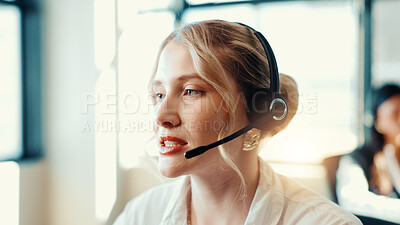 Buy stock photo Call center, talk or woman with customer service headset, sales consulting or loan advice. Consultant, financial advisor or finance help with microphone for feedback, online inquiry or banking limit