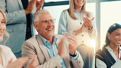 Buy stock photo Happy man, business people or applause in company for financial achievement, target or profit growth. Investor, support or clapping in meeting for success, deal or well done for investment agreement 