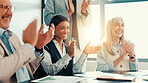 Happy, business people or clapping for financial charts achievement, target or profit growth. Investor, applause or team support in meeting for success, deal or well done for investment agreement
