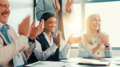 Buy stock photo Happy, business people or clapping for financial charts achievement, target or profit growth. Investor, applause or team support in meeting for success, deal or well done for investment agreement