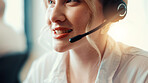 Call center, agent and woman with headset, talking and communication with contact for telemarketing. Office, representative and person with tech for sales, conversation and chat for consultation