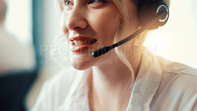 Buy stock photo Call center, agent and woman with headset, talking and communication with contact for telemarketing. Office, representative and person with tech for sales, conversation and chat for consultation
