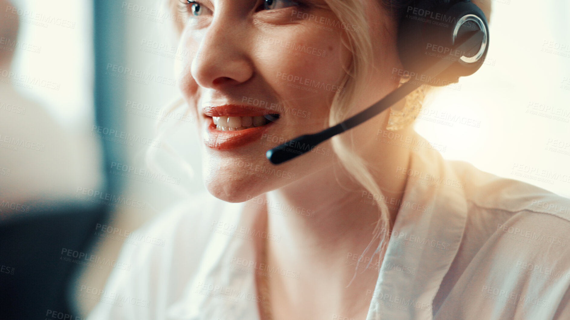 Buy stock photo Call center, agent and woman with headset, talking and communication with contact for telemarketing. Office, representative and person with tech for sales, conversation and chat for consultation