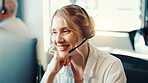 Call center, agent and woman with headset, communication and talking with contact for telemarketing. Office, representative and person with tech for sales, conversation and chat for lead generation
