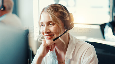 Buy stock photo Call center, agent and woman with headset, communication and talking with contact for telemarketing. Office, representative and person with tech for sales, conversation and chat for lead generation