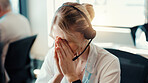 Frustrated, woman and headache of stress in call center for difficult client, fatigue and mistake. Customer service, headset and agent with tension migraine for technical issue, 404 error or pressure