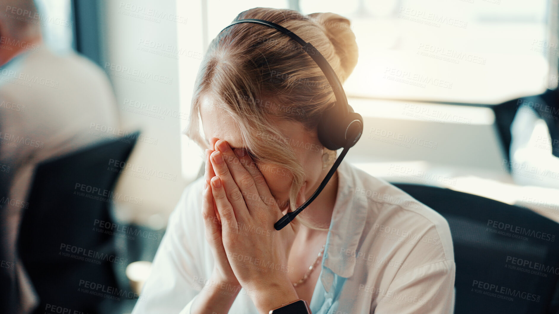 Buy stock photo Frustrated, woman and headache of stress in call center for difficult client, fatigue and mistake. Customer service, headset and agent with tension migraine for technical issue, 404 error or pressure