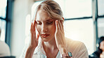 Business woman, headache and stress with fatigue at office for mistake, fail or overworked. Tired, female person or employee with migraine, vertigo or depression for strain or pressure at workplace