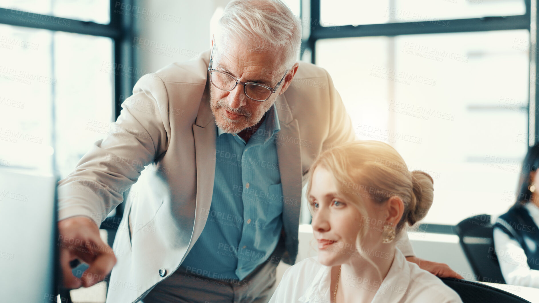 Buy stock photo Business people, coach or pointing with computer at office for internship program or training staff. Businessman, mentor or helping junior intern with technology for new software, update or tasks