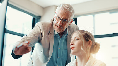 Buy stock photo Business people, coach or assistance on computer at office for internship program or training staff. Businessman, executive or mentor helping junior employee or woman with software for communication