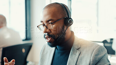 Buy stock photo Businessman, consultant and talking with headset at office for customer service or online advice. Man, employee or agent speaking with mic for telecommunications or virtual assistance at call center
