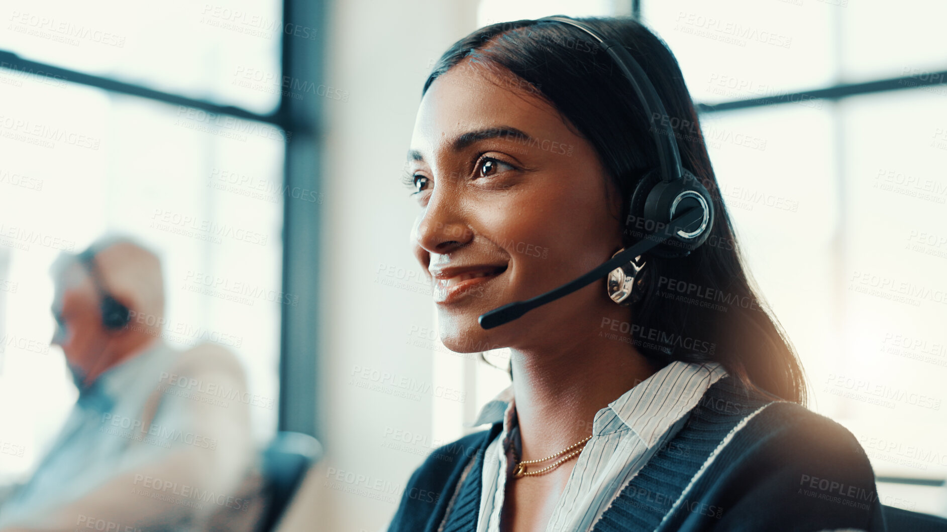 Buy stock photo Call center, agent and woman with headset, telemarketing and talking to contact for lead generation. Office, representative and person with tech for sales, conversation and smile for consultation