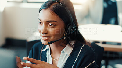 Buy stock photo Call center, discussion and woman with headset, telemarketing and communication for lead generation. Business, representative and person with tech for sales, conversation and happy for consultation